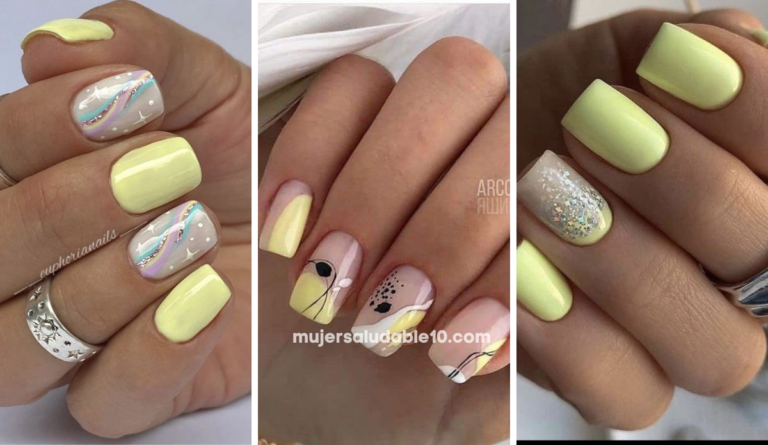 10 diseños de manicuras amarillo pastel para uñas cortas cuadradas